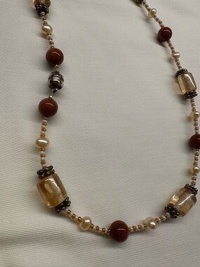 😀😀😃 Bead & Pearl Necklace 24” | Gold Brown Accents | Magnetic Clasp